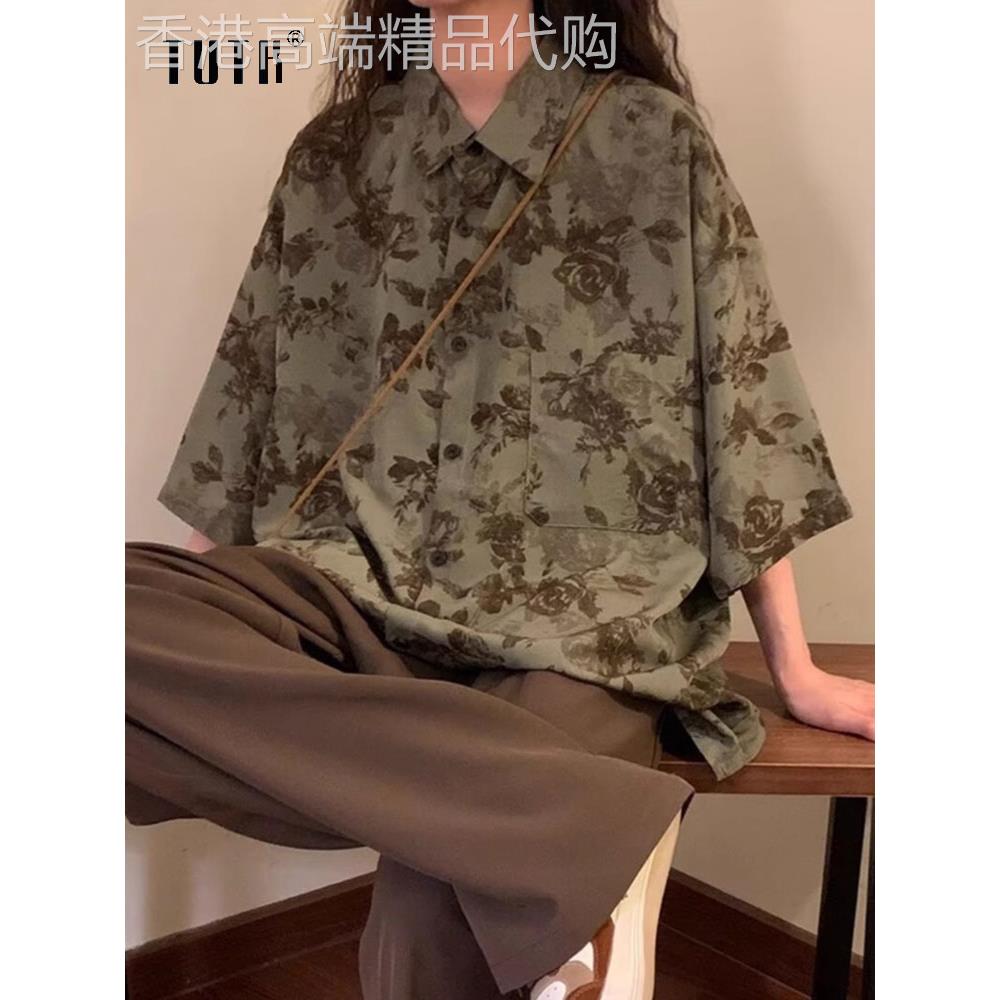 短袖衬衫男士夏季港风潮牌宽松大尺码复古碎花翻领休闲半袖衬衣外