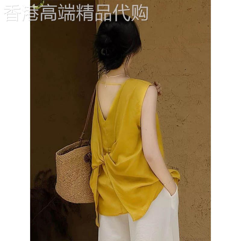 法式轻熟风黄色V领无袖衬衫女2026夏季新款欧货后背扭结设计上衣