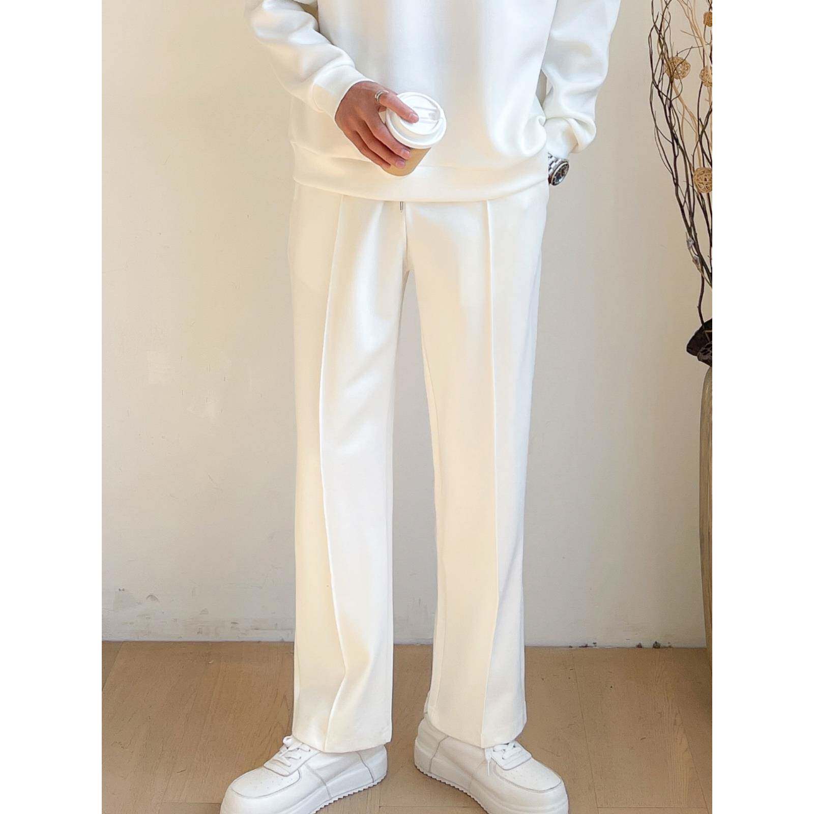 2025秋冬新款直筒裤男休闲裤子高级感白色裤子男士运动裤加绒卫裤