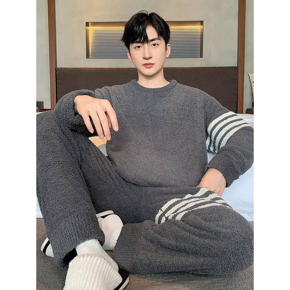 Mostarsea~半边绒长袖套头睡衣男秋冬季时尚加厚珊瑚绒家居服套装