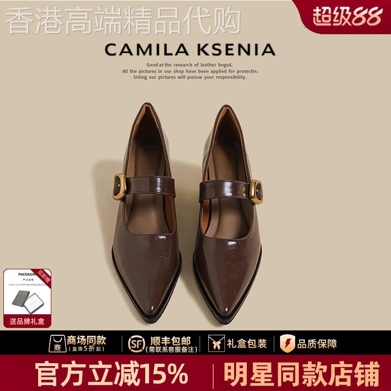 官网小c&k旗舰店新款粗跟玛丽珍鞋女夏一字带高跟鞋外穿浅口单鞋