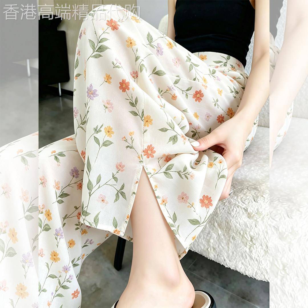 韩系慵懒风白色碎花直筒裤女2026夏季新款休闲裤宽松垂感拖地长裤