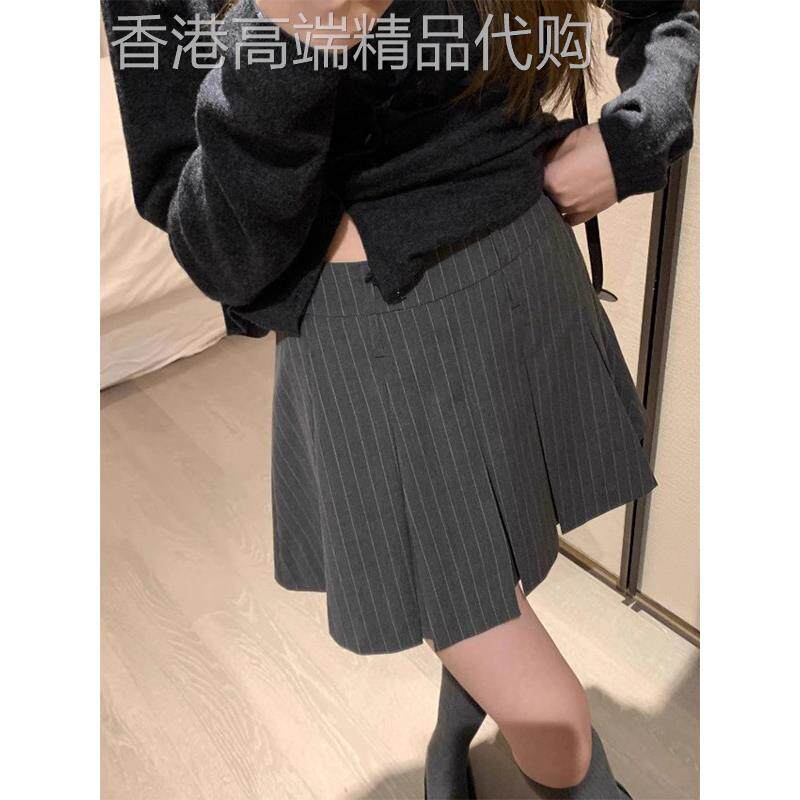 灰色条纹百褶裙女春秋欧货高腰显瘦A字裙小个子学院风半身裙短裙