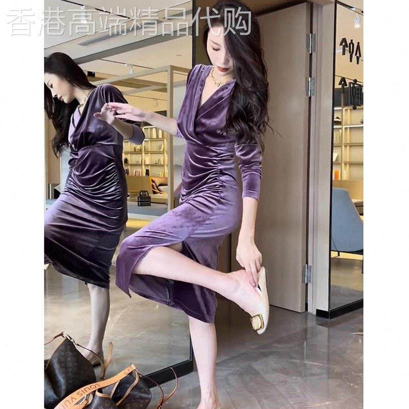 气质名媛高端洋装女秋季高级感紫色金丝绒女人味高贵洋派套装裙