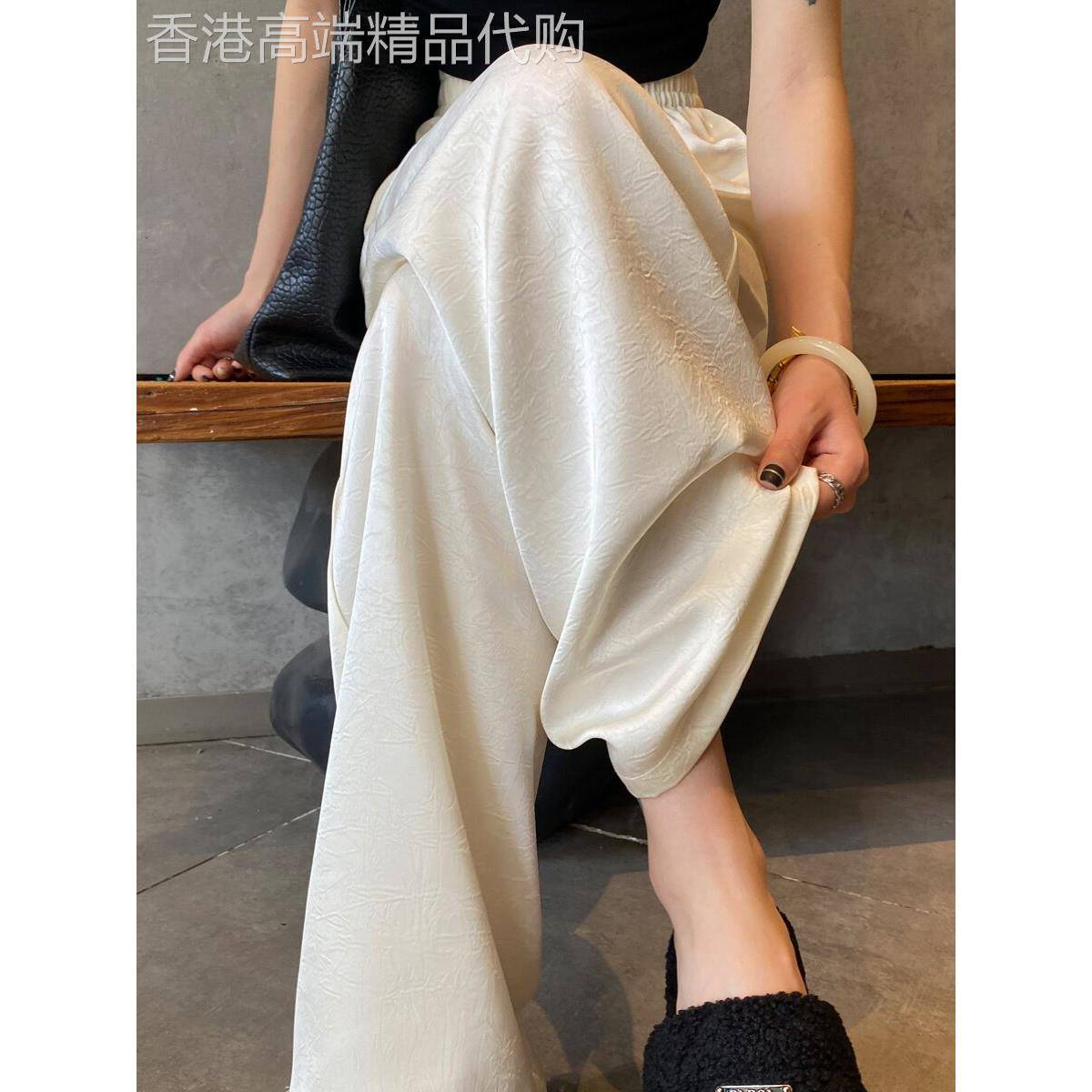 韩国裤女性夏季瘦高腰新中国风缎冰丝绸阔腿裤防晒直爽裤