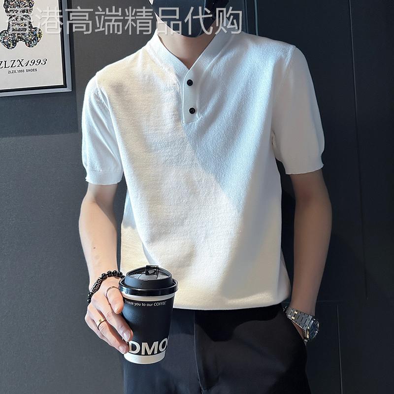 短袖Polo衫男士夏季韩版V领修身男装半袖T恤纯色百搭薄款休闲T恤