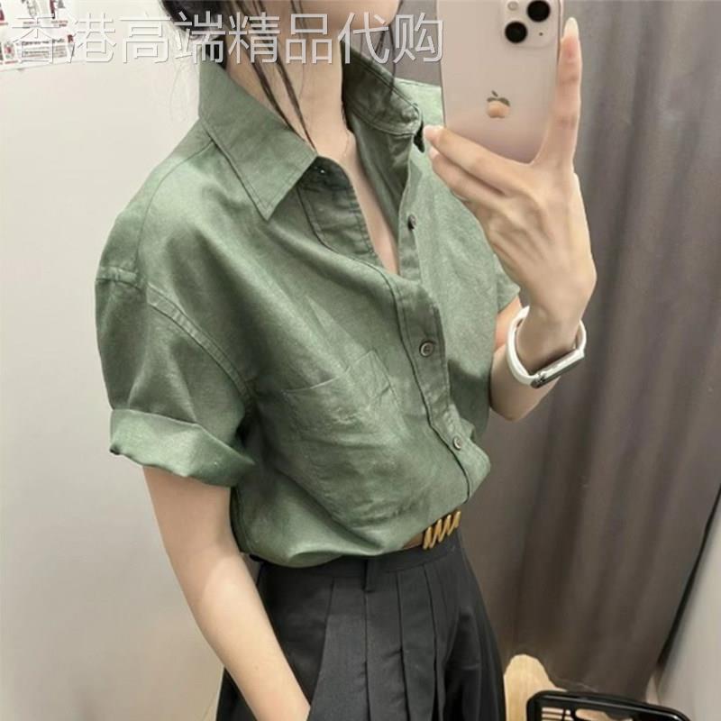 欧洲站绿色棉麻衬衫女高级感轻奢2025夏季新款短袖亚麻苎麻职业装