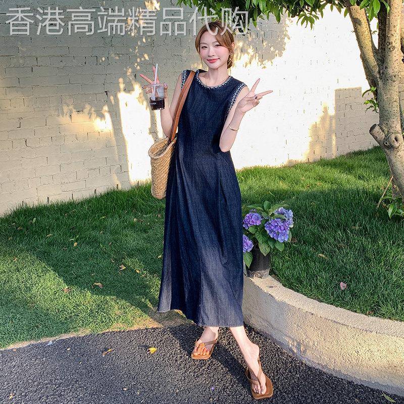深蓝色简单大方的洋装女夏2025新款修身显瘦复古薄牛仔背心裙子