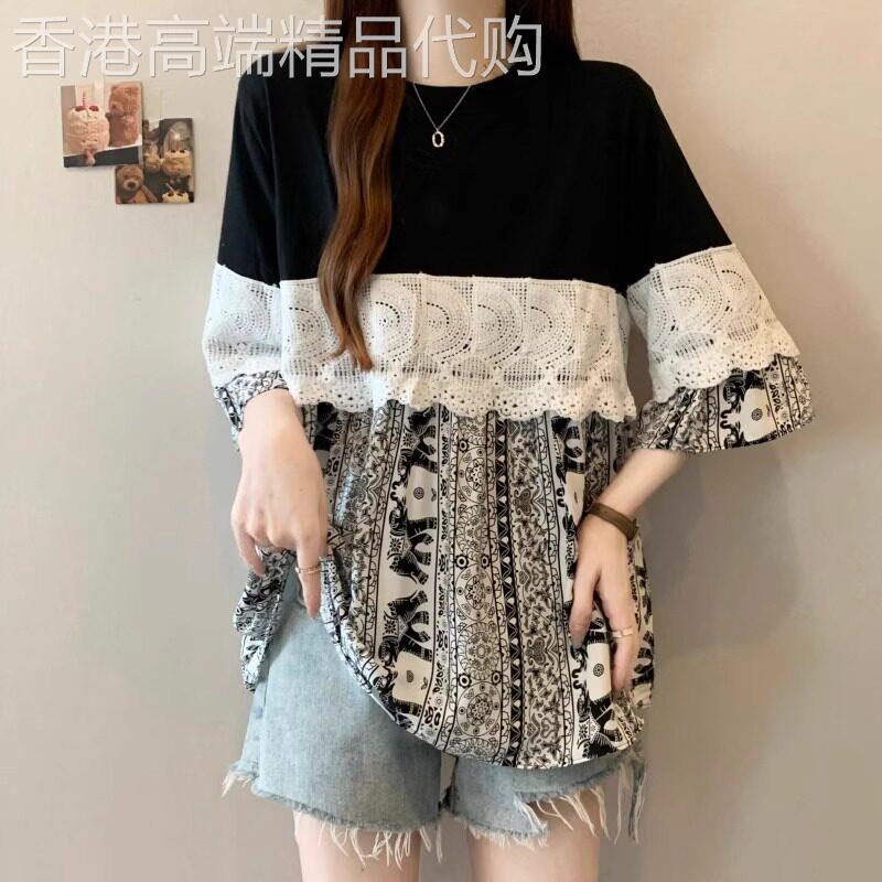 蕾丝花边拼接短袖T恤女夏季2026新款大尺码女装遮肚雪纺中长版上