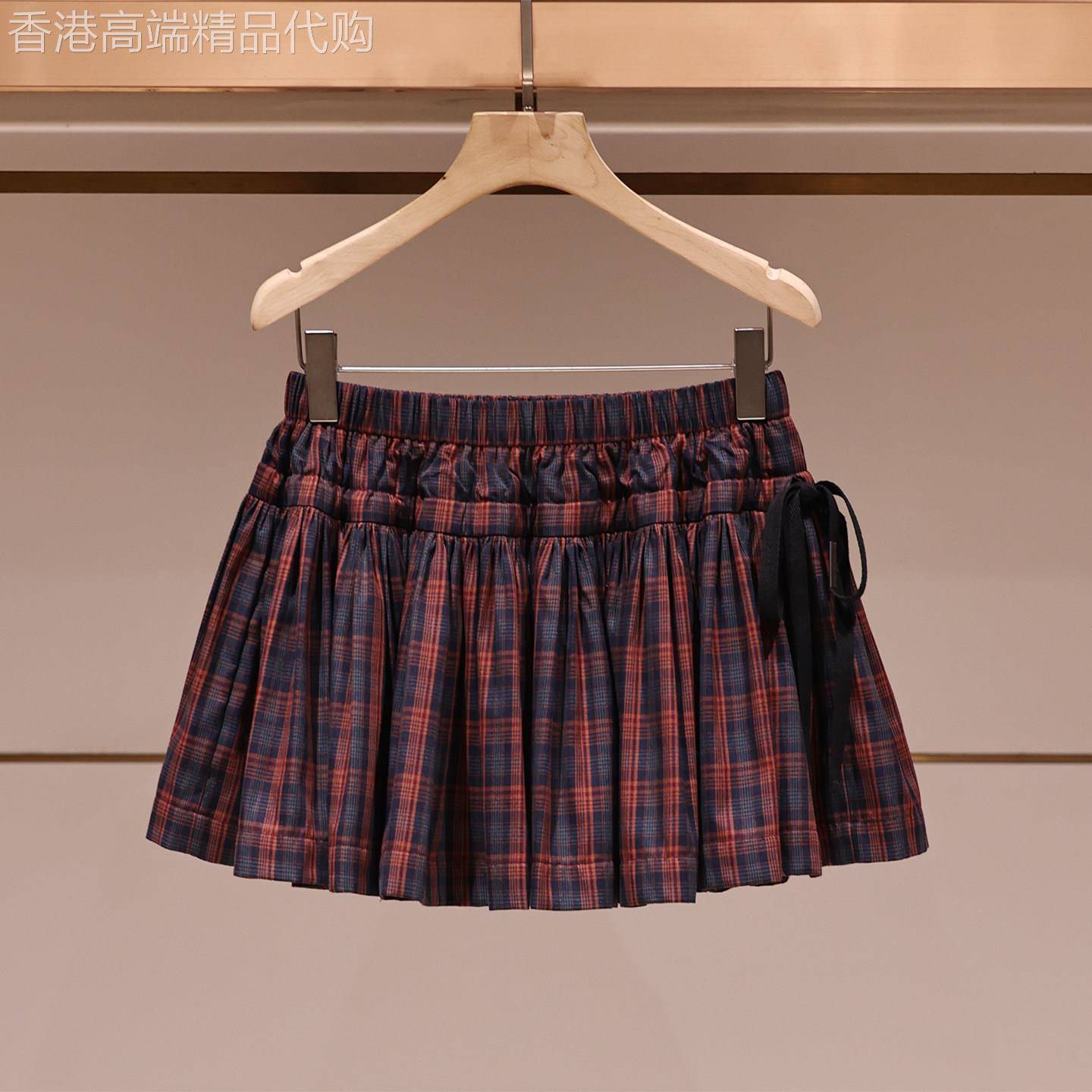 轻奢千禧风红黑格子百褶半身裙女2026春夏松紧高腰A字蝴蝶结短裙