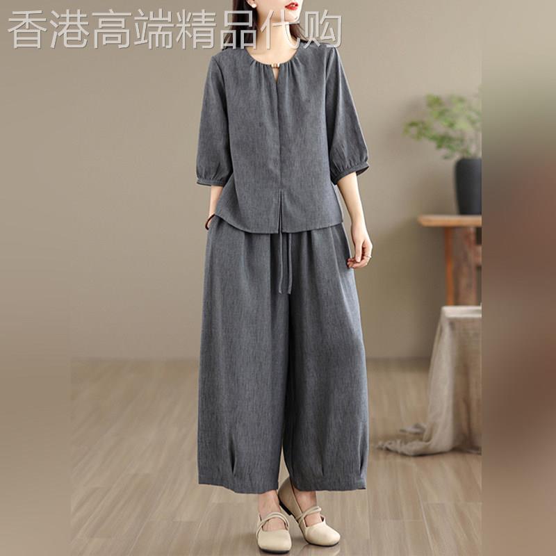 潮牌棉麻套装女士夏季2026年超火穿搭一整套中袖衬衫阔腿裤两件套