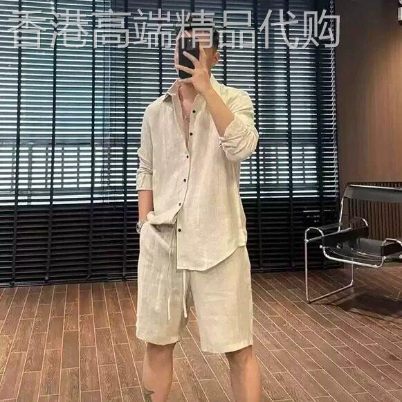 轻奢韩版薄款亚麻长袖休闲套装男2026夏季新款时尚衬衫短裤两件套