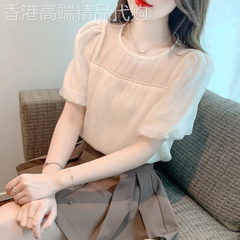 短袖钉珠雪纺衬衫女夏季2026年新款法式设计感时尚拼接超好看上衣