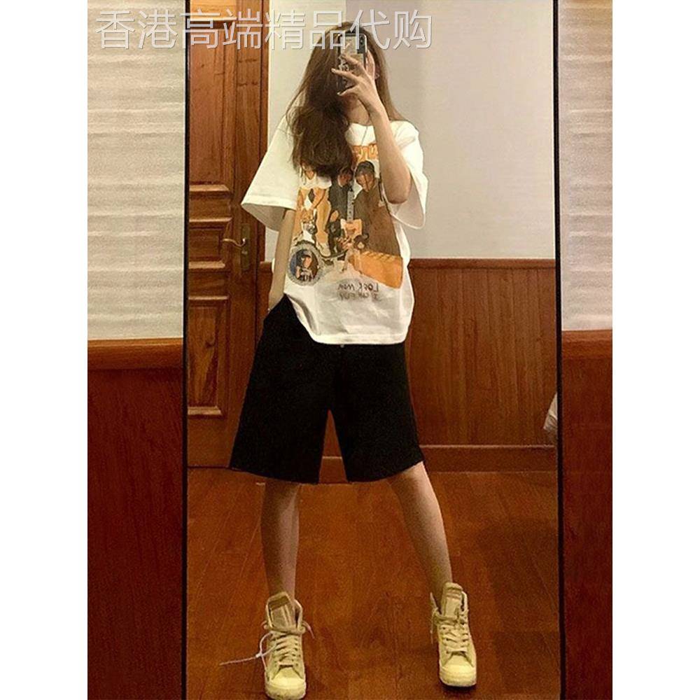 黑色运动短裤女性夏季瘦休闲大尺寸宽松修身Look直中裤高腰阔腿五
