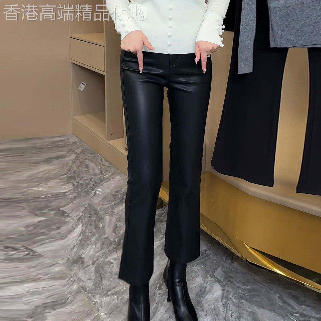 黑色微喇皮裤女2025秋冬新款高腰显瘦修身高级感九分烟管直筒裤子