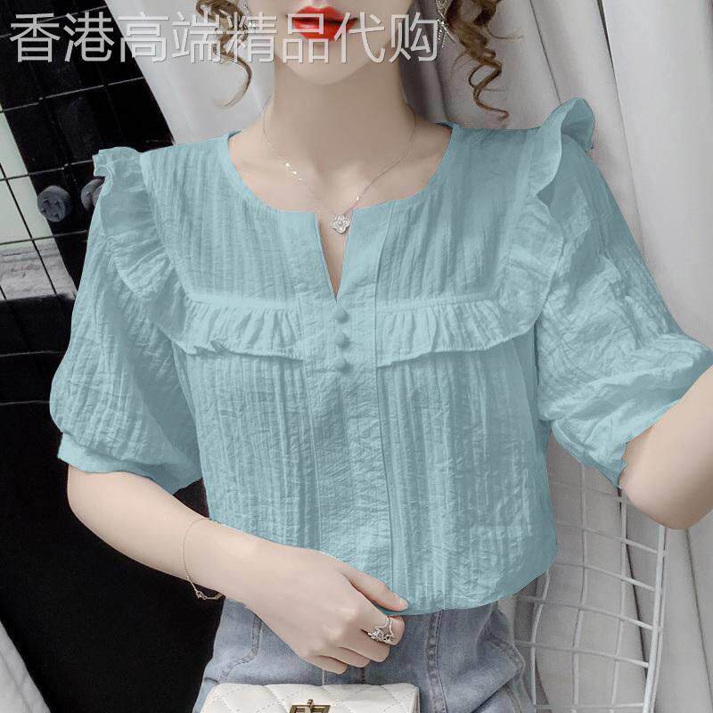 雪纺衬衫女短袖夏季薄款2026年新款设计感荷叶边T恤泡泡半袖上衣