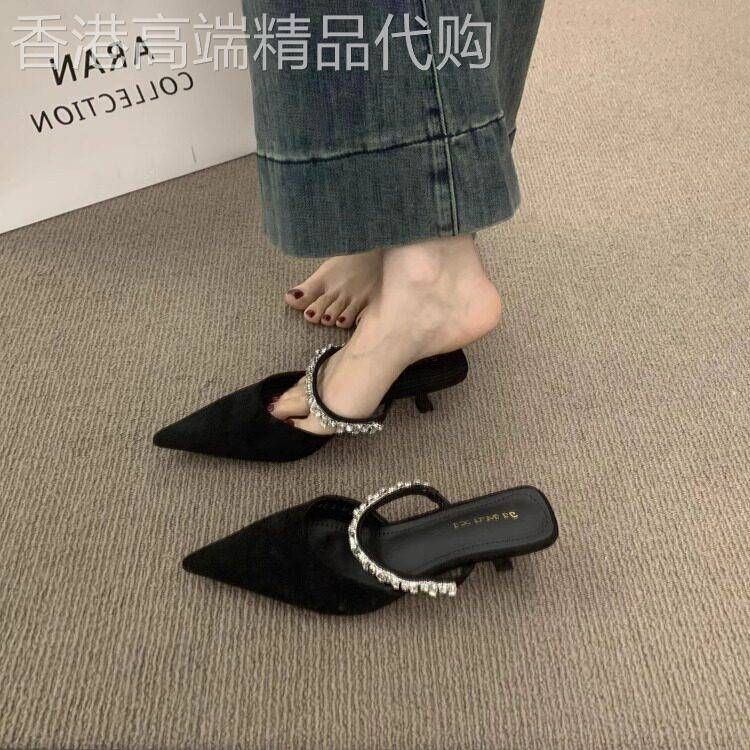 潮牌高级感水钻一字带包头半拖鞋女外穿2025新款尖头高跟穆勒鞋子