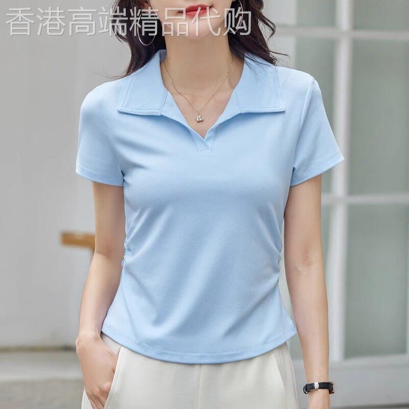 短款POLO衫翻领短袖T恤女夏季时尚百搭弧形下摆褶皱收腰体恤上衣