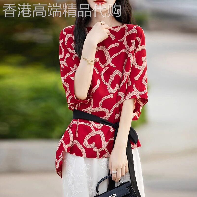 碎花雪纺衬衫女夏季薄款2025新款时尚优雅收腰系带宽松蝙蝠袖上衣