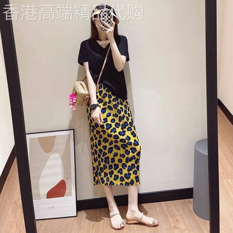 碎花豹纹半身裙女夏季薄款2026新款高腰直筒中长款开叉包臀百褶裙