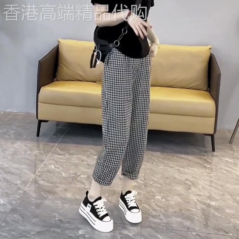 棉麻格子休闲裤女夏季薄款2026新款高腰显瘦小个子七分罗卜哈伦裤