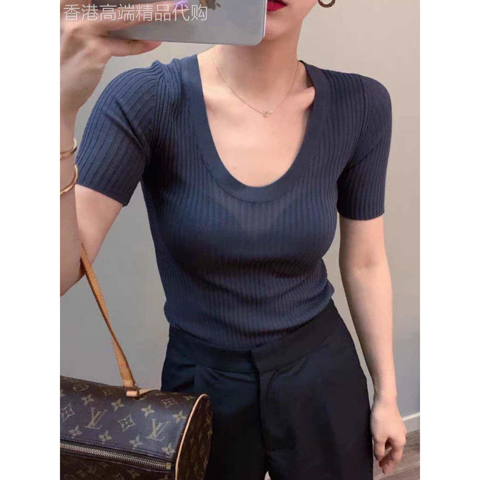 u型领短袖女式夏季t恤紧身修身多用途锁骨露露低领纯色冰丝针织上