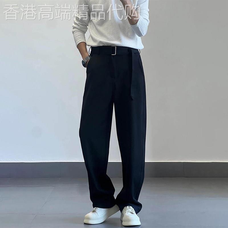 高端那不勒斯黑色免腰带西裤男垂坠感宽松阔腿裤男春季休闲长裤子