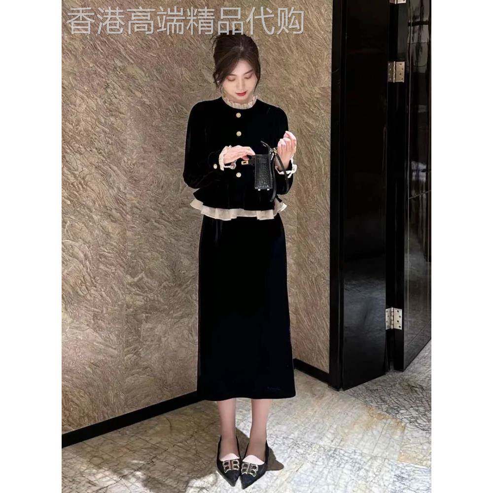 欧洲站2025秋季新款小香款时尚西式丝绒套装裙赫本气质修身两件套