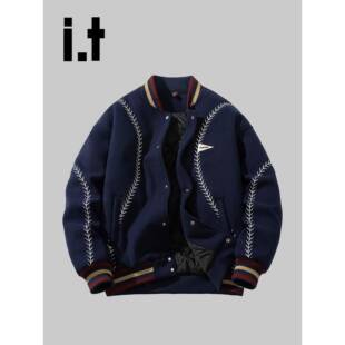 香港潮牌美式复古刺绣棒球服男款冬季新款夹棉宽松情侣装加厚外套