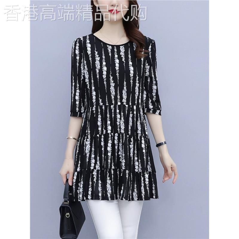大码印花条纹短袖雪纺衬衫女夏季妈妈洋气减龄中长款遮肚显瘦上衣