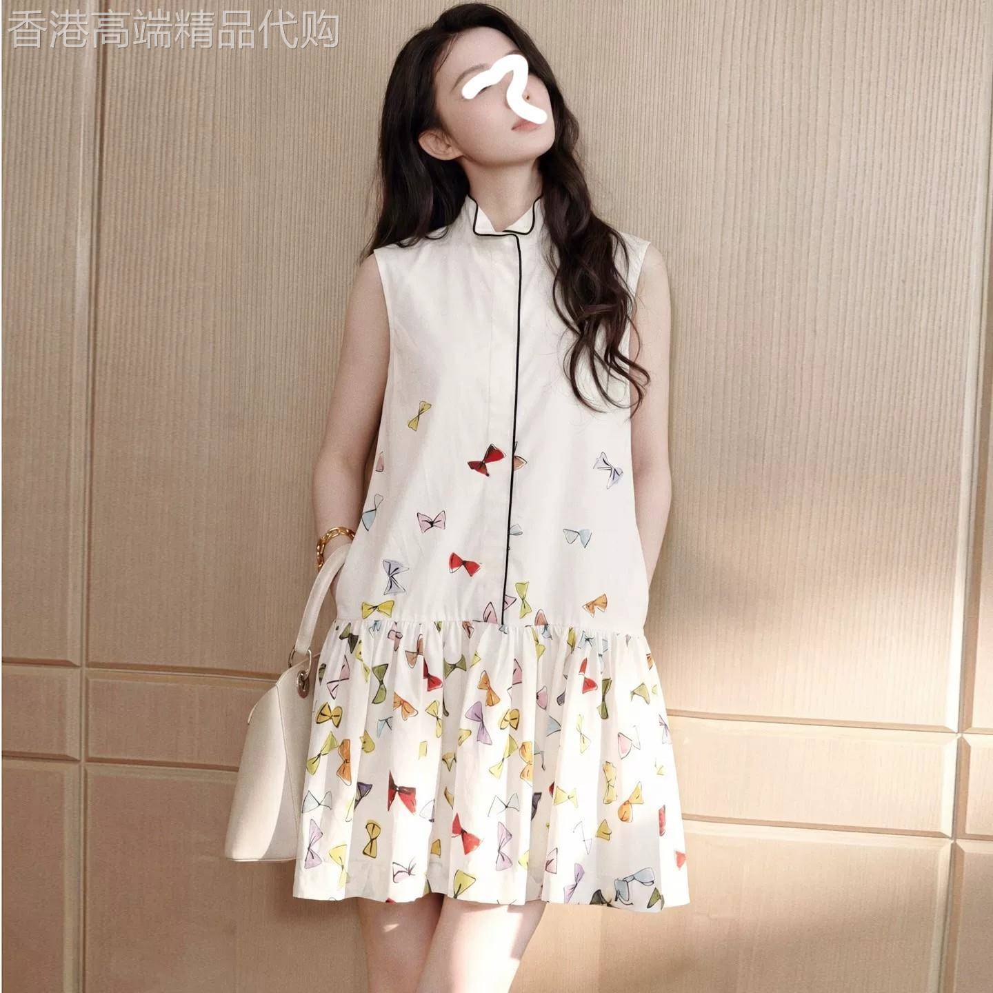 王楚然同款无袖立领蝴蝶结印花连衣裙女A字短裙单排扣白色背心裙