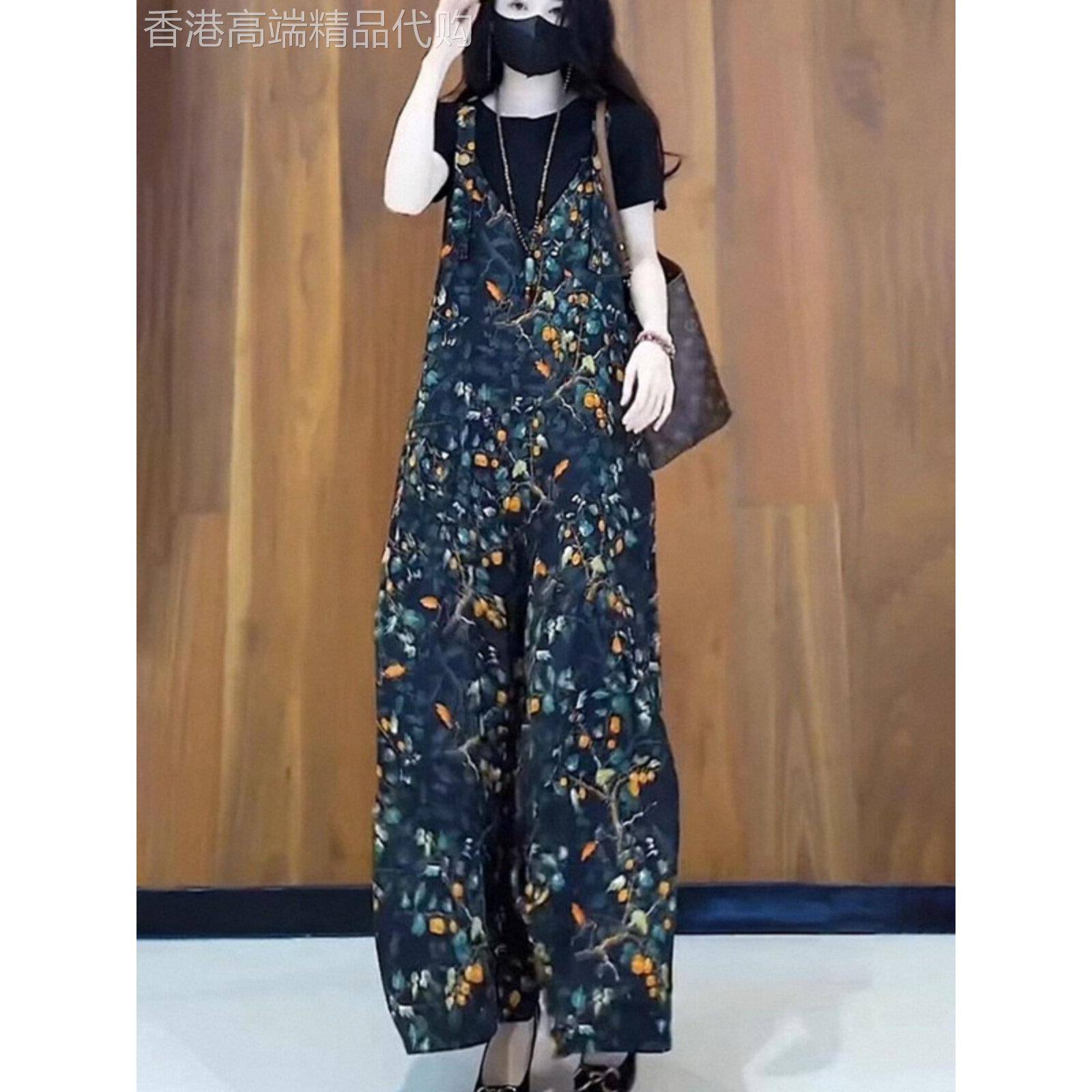 连体裤套装女夏季欧货背带裤雪纺碎花阔腿裤裙短袖T恤胖mm两件套