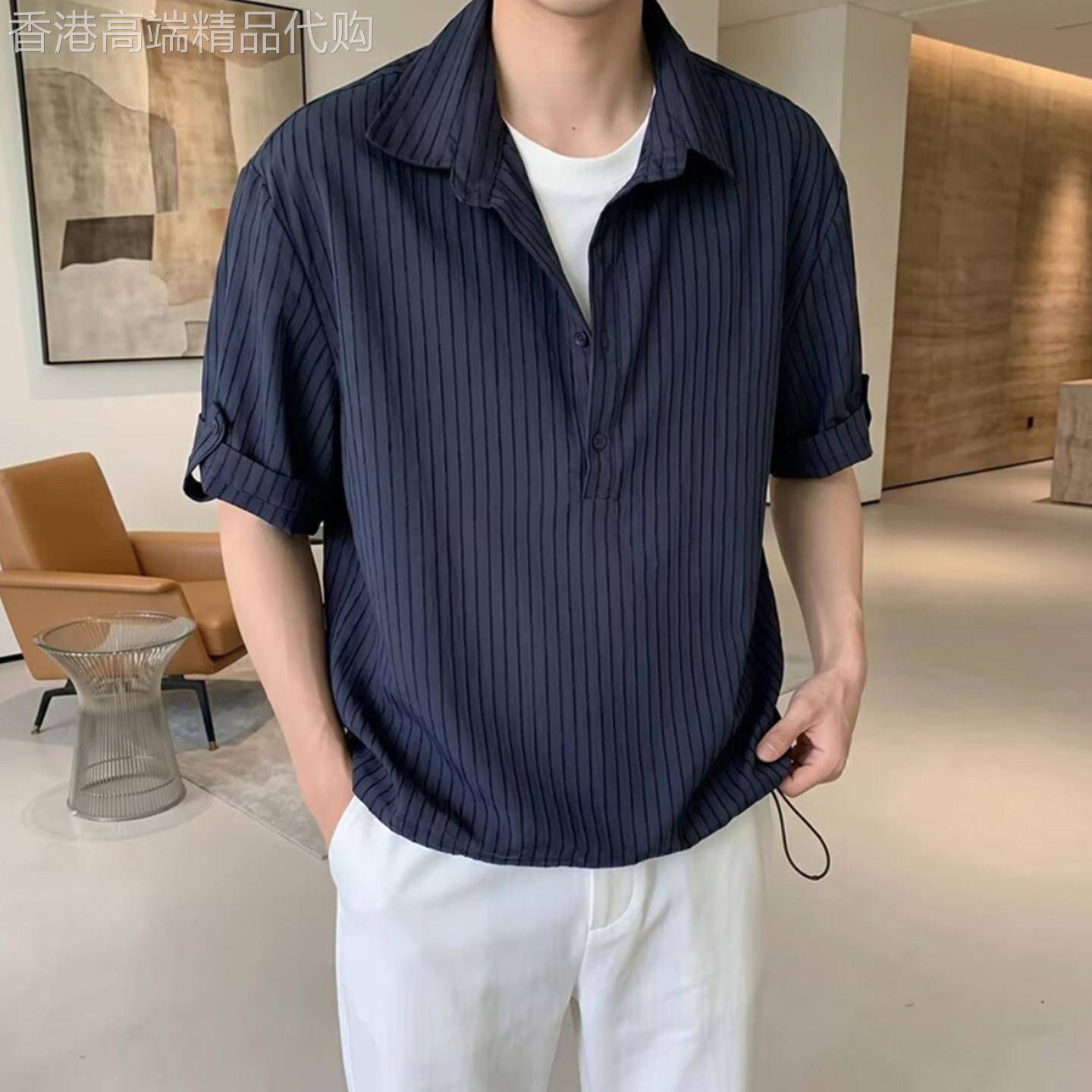 潮牌半开领套头休闲百搭衬衣男士夏季老钱风宽松肌理褶皱短袖衬衫