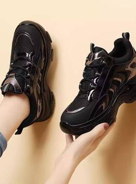 欧货真皮老爹鞋女款内增高2025新款秋冬季黑色厚底旅游休闲运动鞋