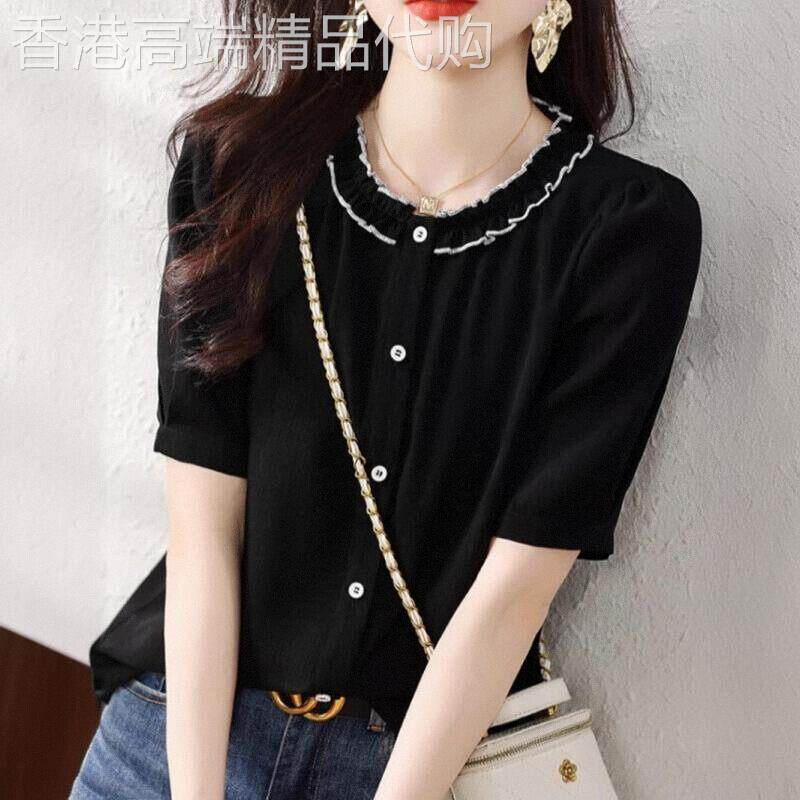大码黑色短袖衬衫女2026夏季新款洋气微胖减龄遮肚雪纺衫t恤上衣