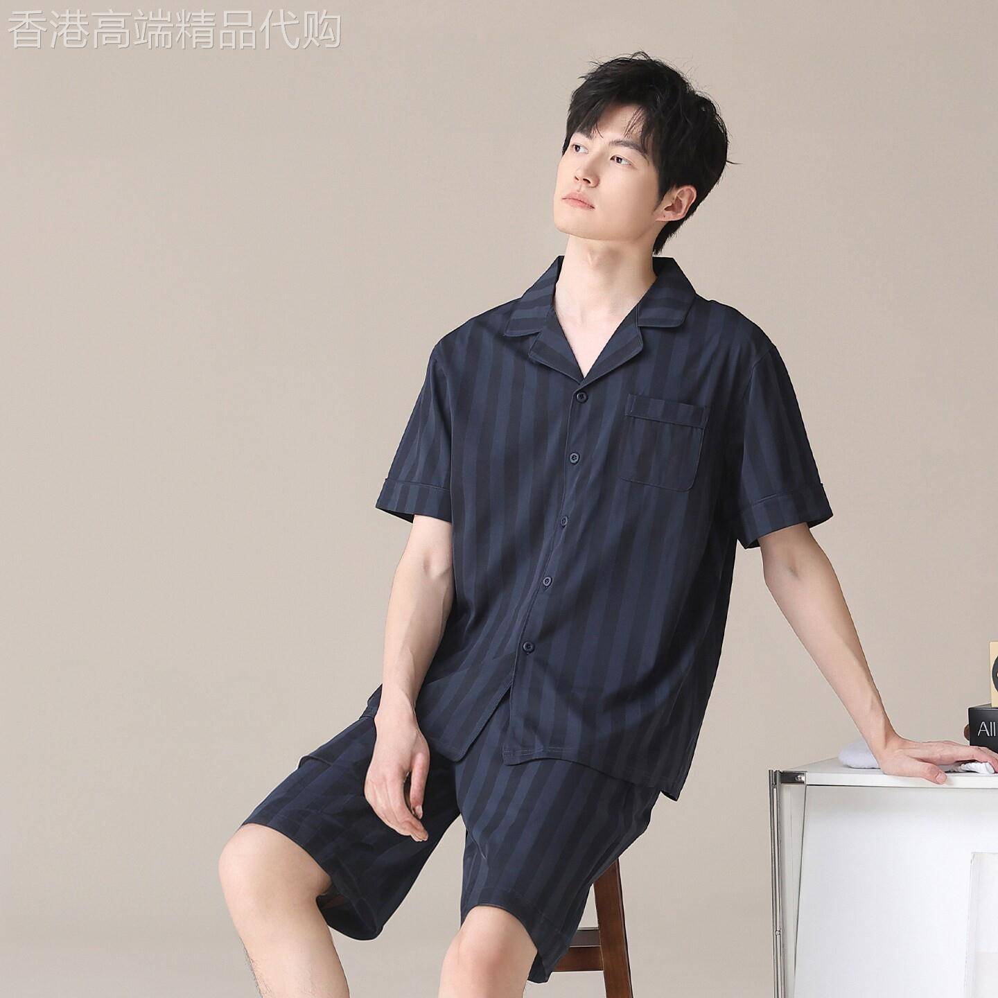 潮牌新款短袖开衫条纹睡衣男夏季高级感可外穿翻领宽松家居服套装