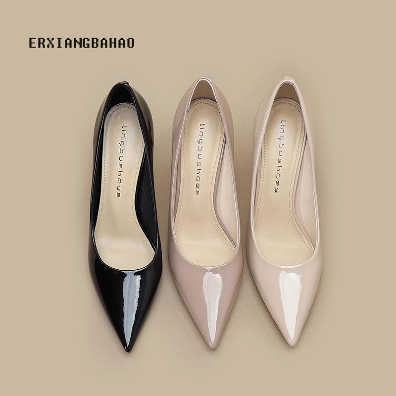 香港真皮裸色高跟鞋女2025春秋小个子细跟漆皮尖头低跟小码单鞋31