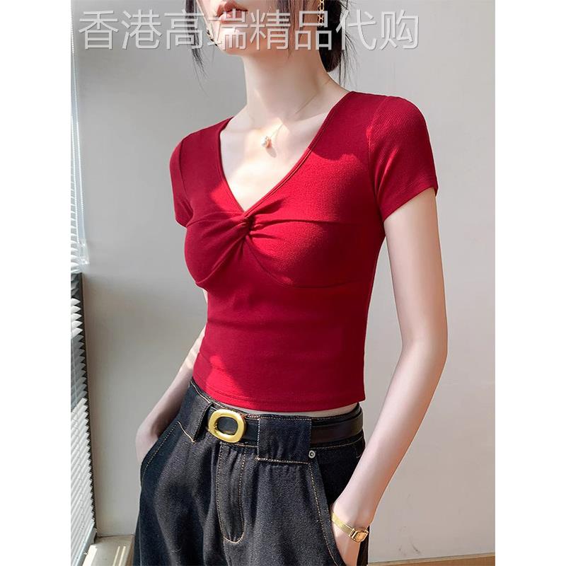 红色V领扭结纯色短袖T恤女夏季欧货2025新款时尚修身显瘦百搭上衣