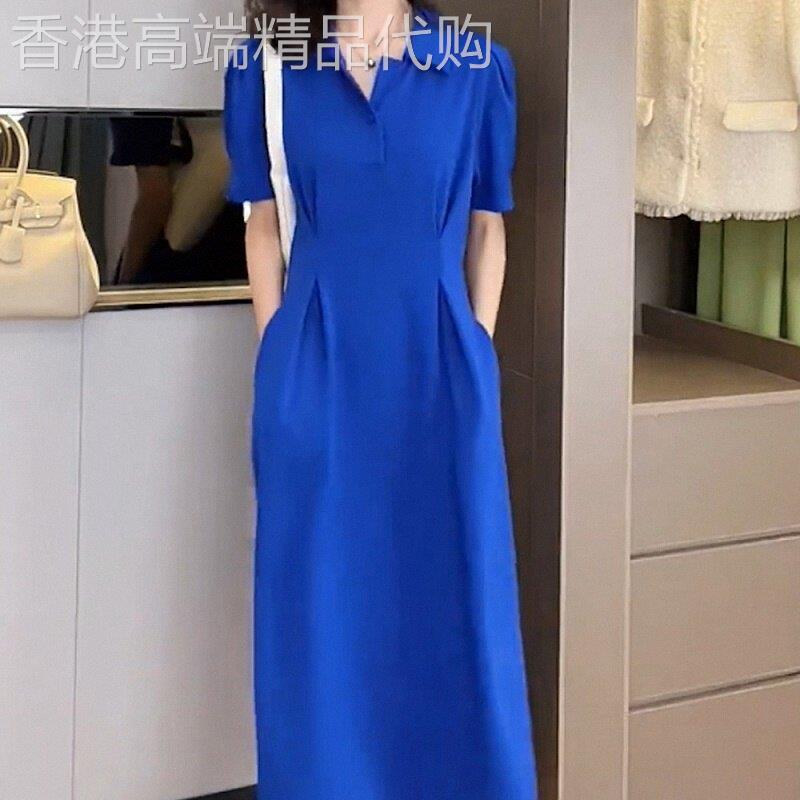 克莱因蓝连衣裙女夏季深圳欧货高级感收腰裙子过膝小香风polo长裙