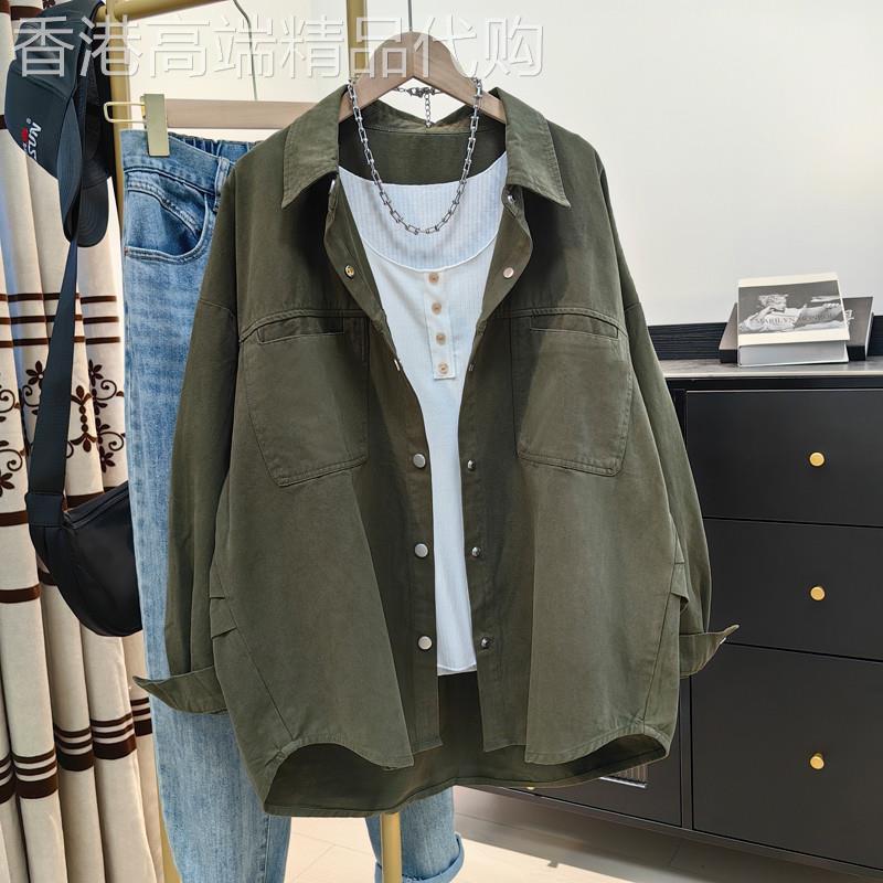 军绿色工装衬衫外套女宽松秋季新款设计感休闲百搭纯棉衬衣开衫潮