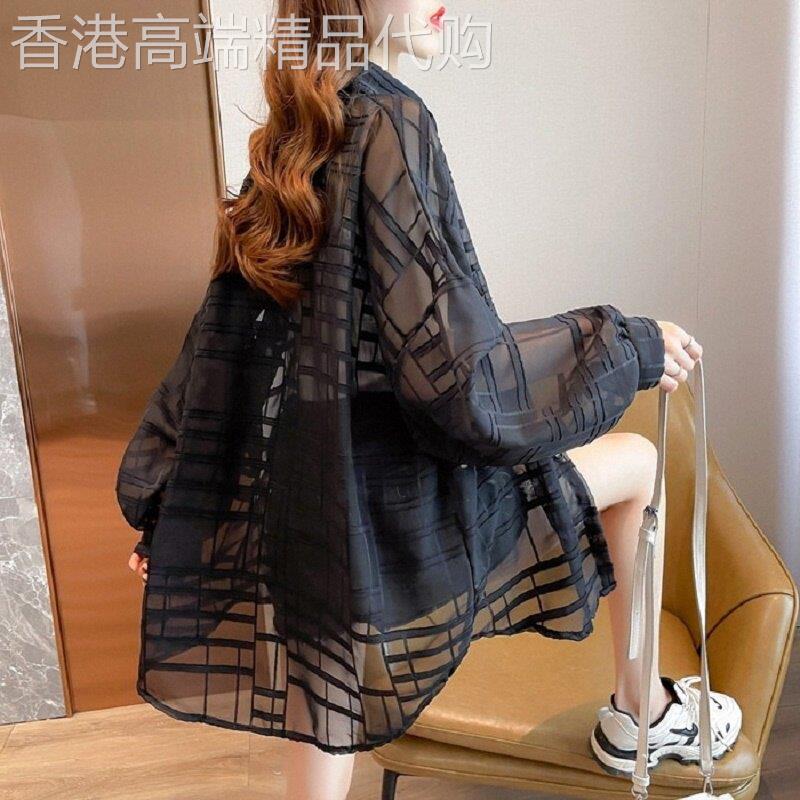 防晒衬衫女夏季薄款欧货时尚洋气微透开衫中长款防紫外线冰丝衬衣