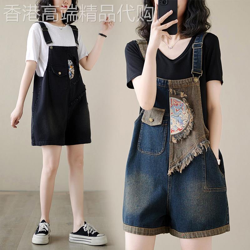 新中式牛仔背带裤女夏季新款国风设计感拼接刺绣减龄百搭女士短裤
