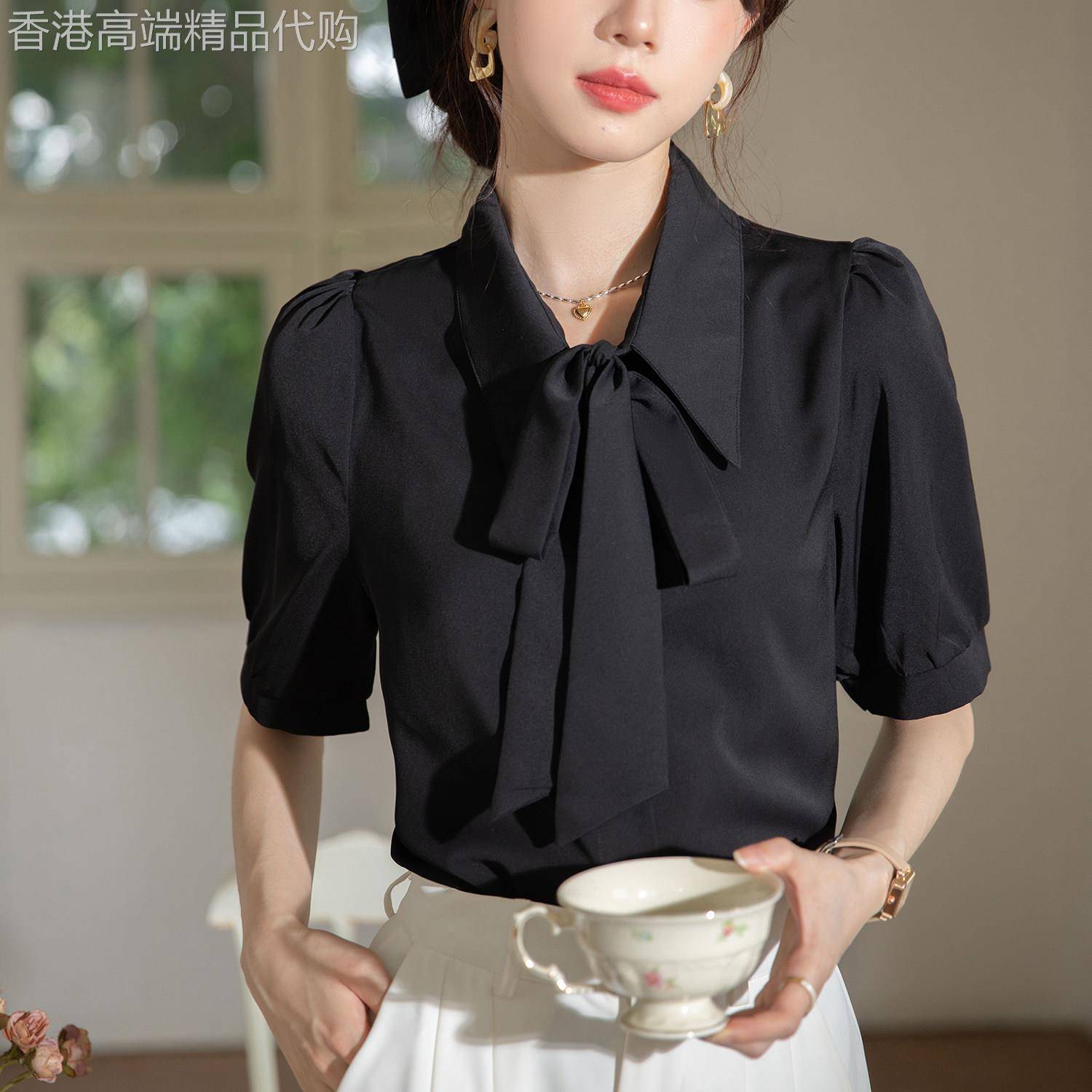 法式短袖雪纺衬衫女夏季薄款透气气质纯色百搭潮显瘦通勤黑色上衣