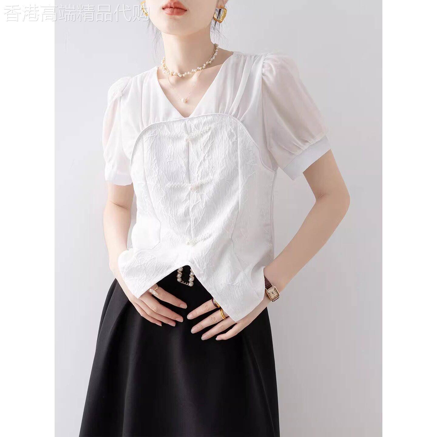 Canary Kiss白色V领衬衫女2026夏新款法式钉珠泡泡袖开叉显瘦上衣