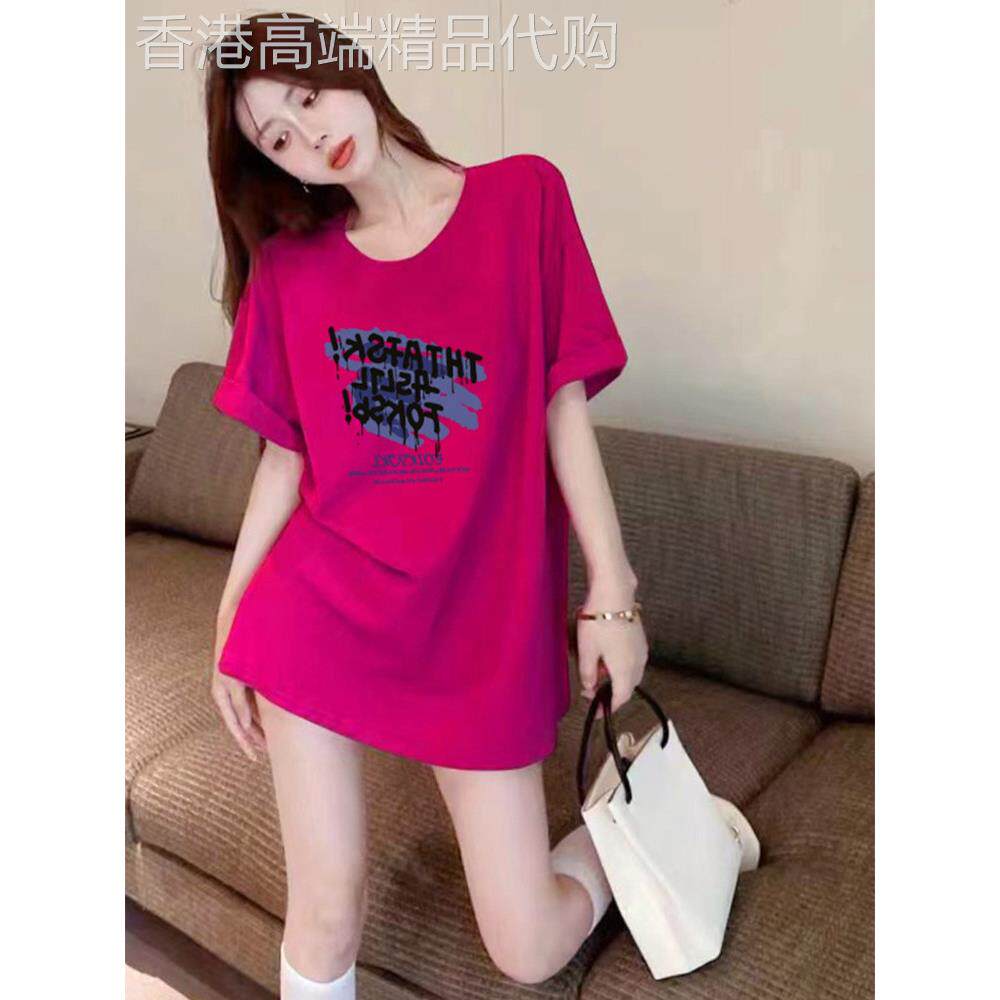 玫红色纯棉短袖t恤女2026夏新款宽松圆领字母印花中长版T恤上衣