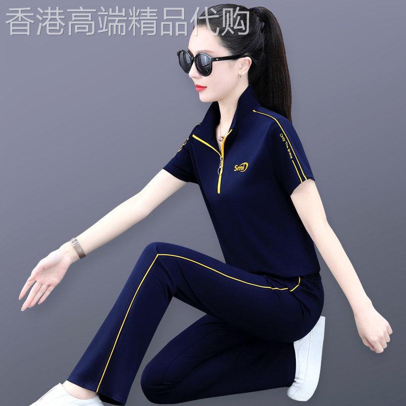 韩国中年妈妈夏装薄款冰丝运动套装半拉炼短袖上衣长裤休闲两件式