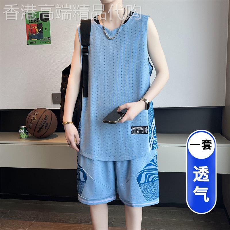 运动篮球服男夏季潮牌冰丝速干 干网眼无袖休闲 套装青年训练比赛