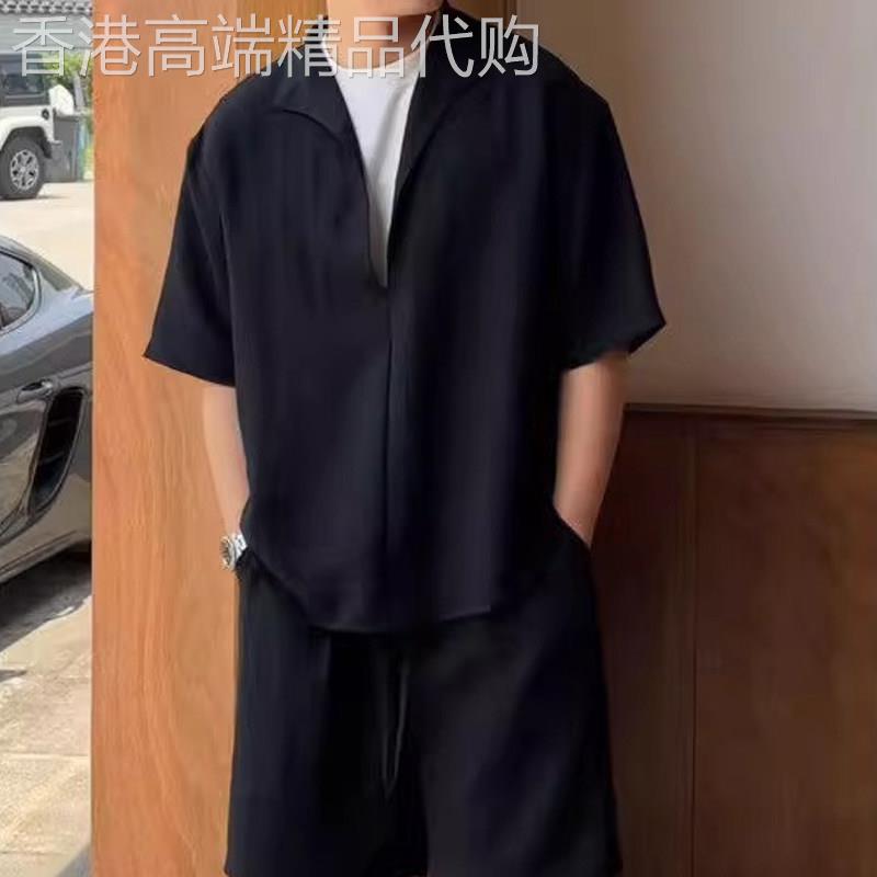 潮牌老钱风亚麻套装男款夏季轻薄速干假两件短袖衬衫短裤搭配一套