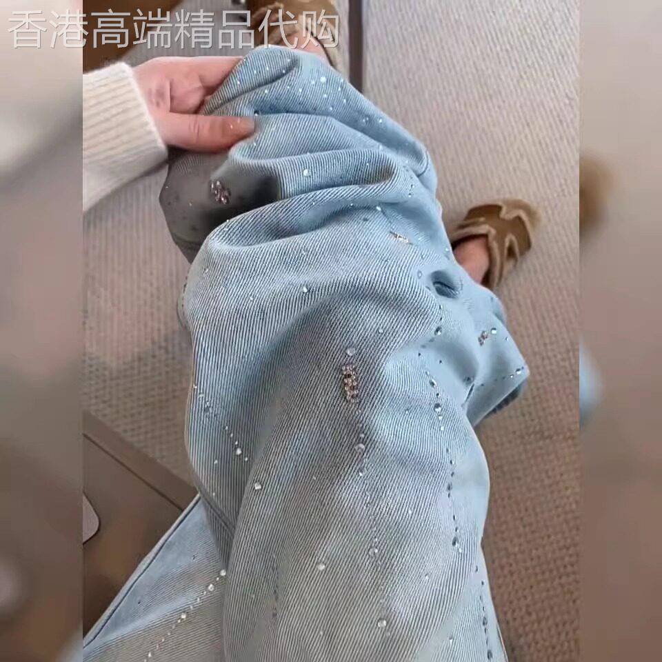 复古浅蓝色烫钻阔腿牛仔裤女2025春夏新款高腰遮胯显瘦直筒长裤子
