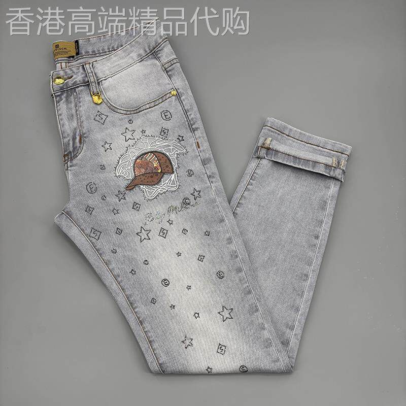 欧洲站浅灰色烫钻牛仔裤男夏薄款修身小脚弹力莱赛尔天丝九分裤子